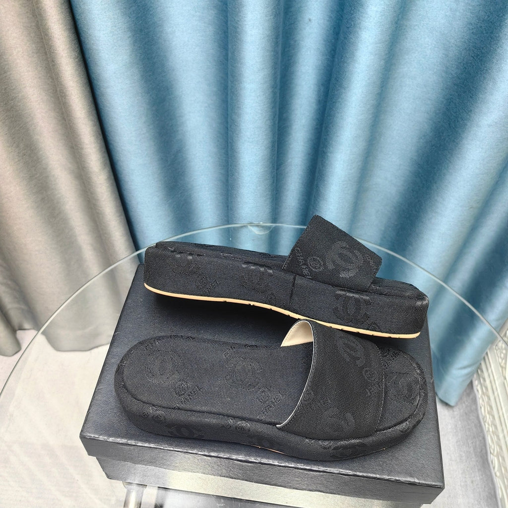 CHANEL THICK-SOLE SLIPPERS BLACK SATIN