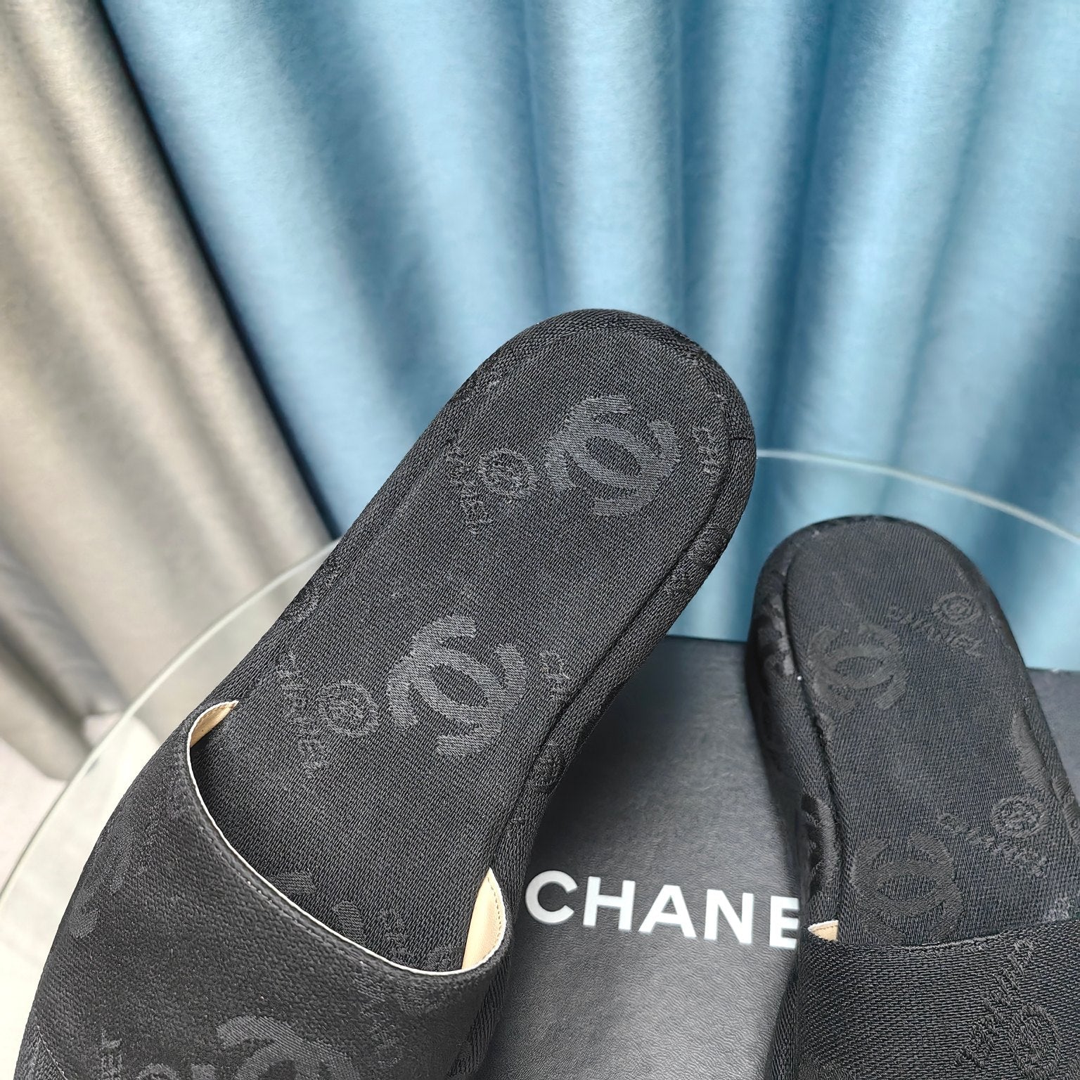 CHANEL THICK-SOLE SLIPPERS BLACK SATIN