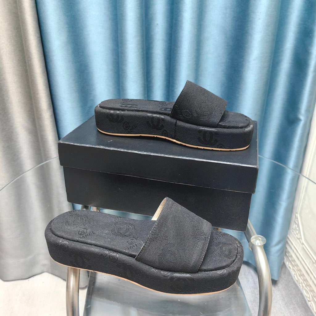 CHANEL THICK-SOLE SLIPPERS BLACK SATIN