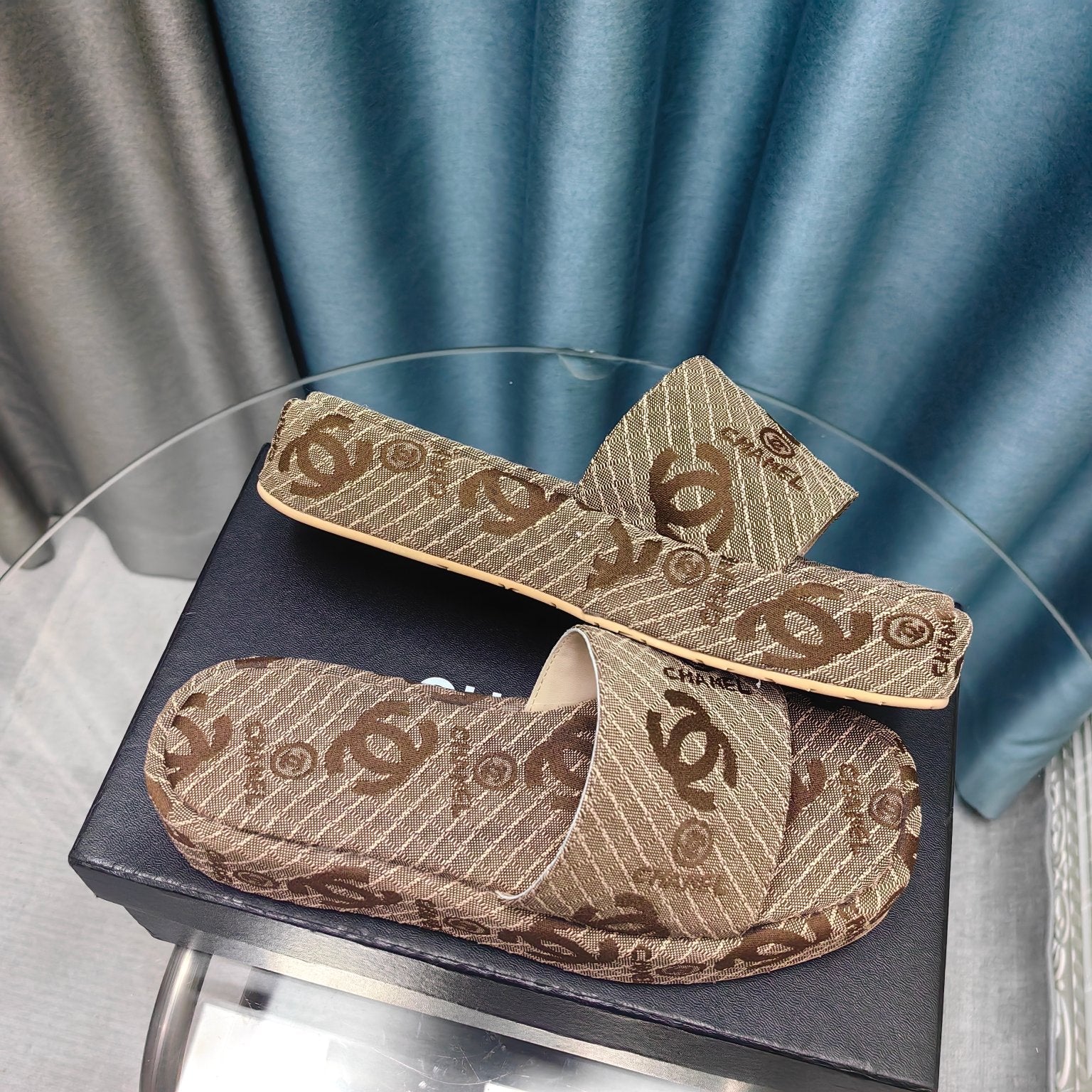 CHANEL THICK-SOLE SLIPPERS PEANUT BROWN SATIN