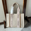 MEDIUM WOODY TOTE BAG 37 IN BEIGE LINEN CANVAS LIGHT PINK WEBBING LOGO EMBROIDERY