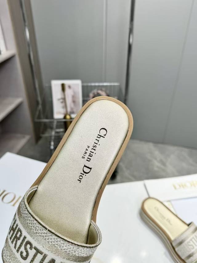 DIOR CD DWAY PLATFORM SLIDE IN SAGE GREEN AND WHITE COTTON STRIPED SOLE