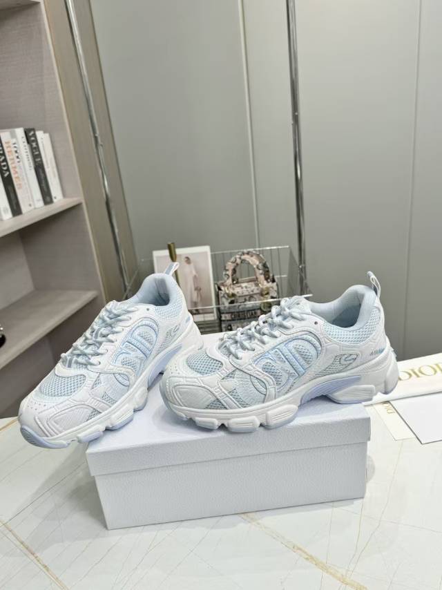 DIOR CD CHORONO SNEAKER IN WHITE AND LIGHT BLUE MESH