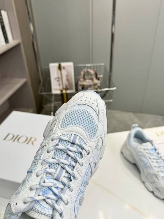 DIOR CD CHORONO SNEAKER IN WHITE AND LIGHT BLUE MESH