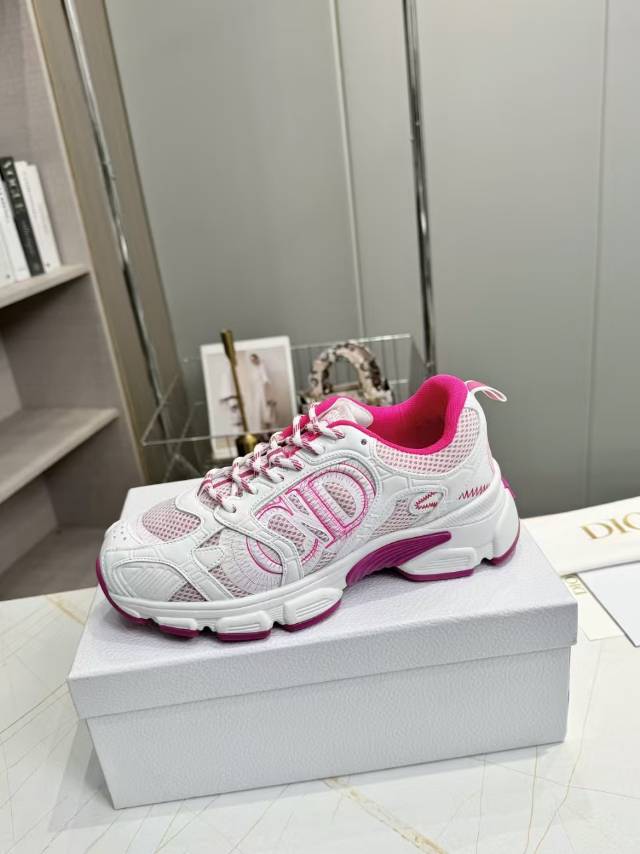 DIOR CD CHORONO SNEAKER IN WHITE AND PINK MESH