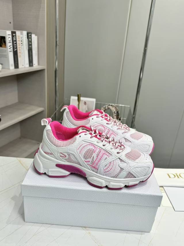 DIOR CD CHORONO SNEAKER IN WHITE AND PINK MESH
