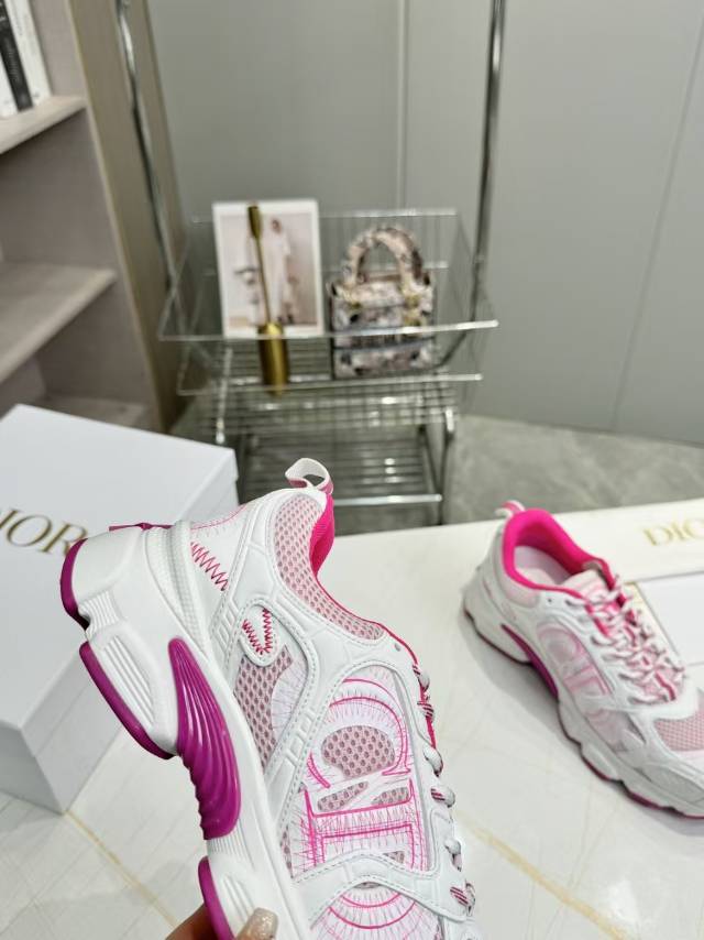 DIOR CD CHORONO SNEAKER IN WHITE AND PINK MESH