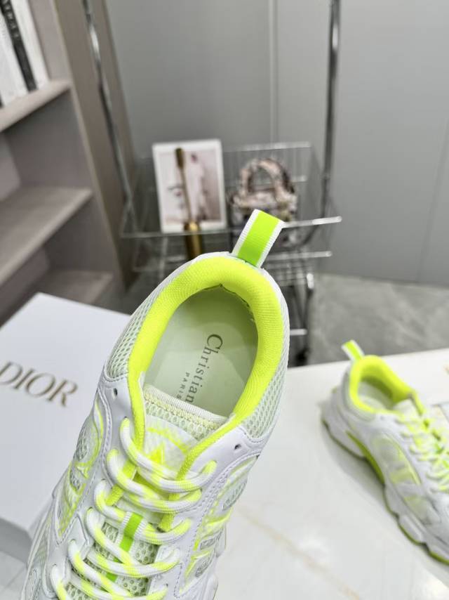 DIOR CD CHORONO SNEAKER IN WHITE AND LIGHT GREEN MESH