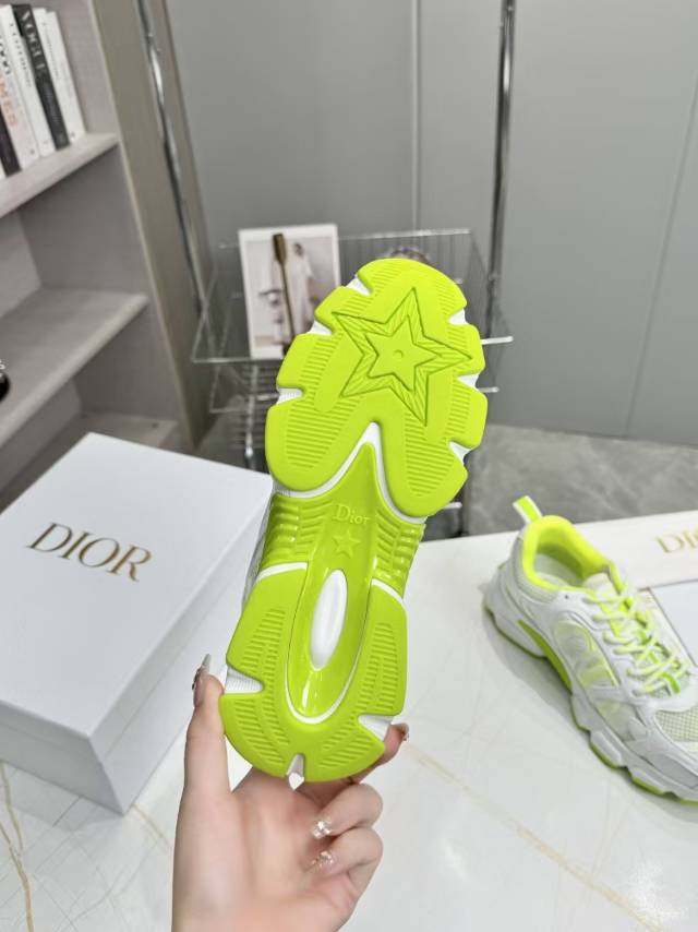 DIOR CD CHORONO SNEAKER IN WHITE AND LIGHT GREEN MESH