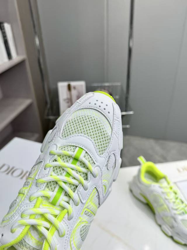 DIOR CD CHORONO SNEAKER IN WHITE AND LIGHT GREEN MESH