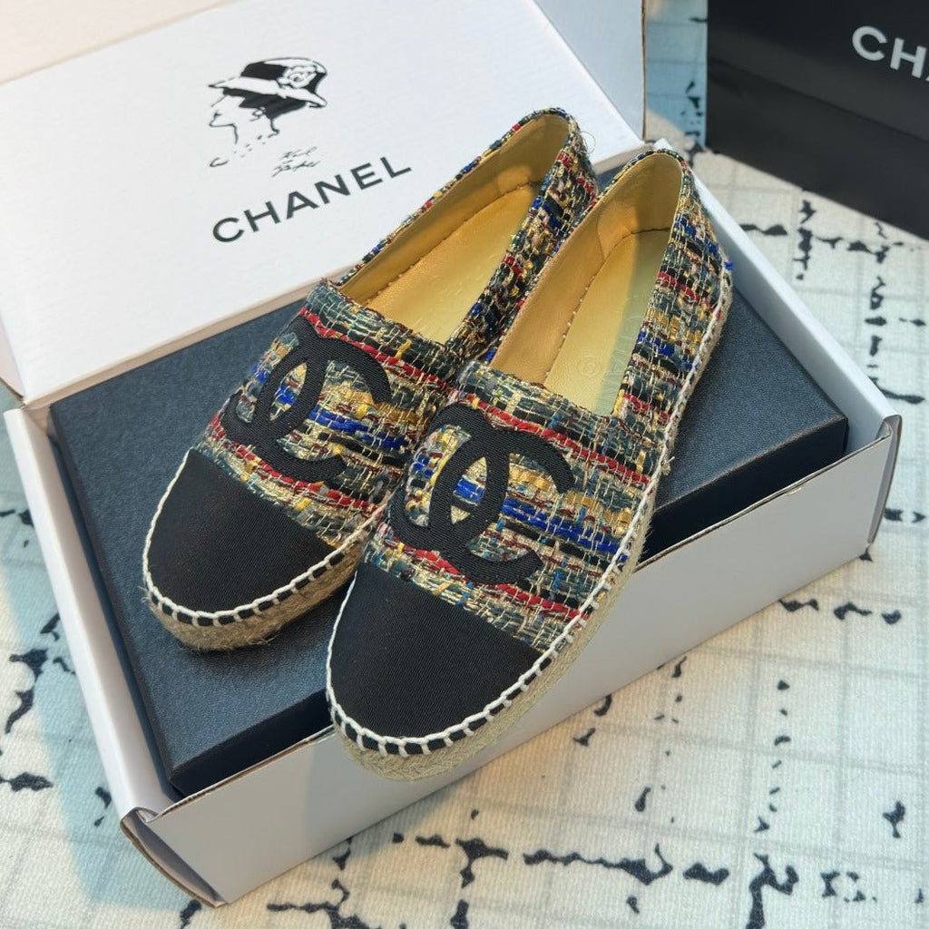 CHANEL ESPADRILLES LOAFERS IN MULTICOLOR TWEED AND BLACK SATIN