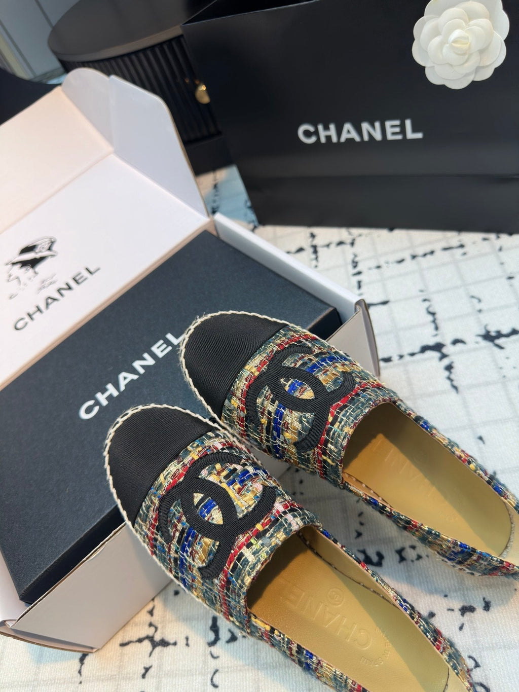 CHANEL ESPADRILLES LOAFERS IN MULTICOLOR TWEED AND BLACK SATIN