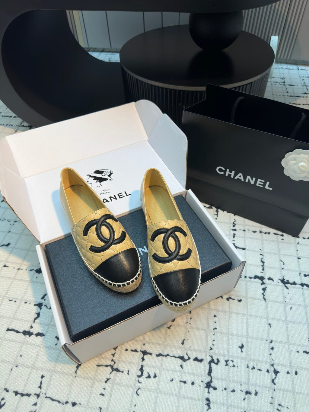 CHANEL ESPADRILLES LOAFERS IN YELLOW MIX BLACK LAMBSKIN