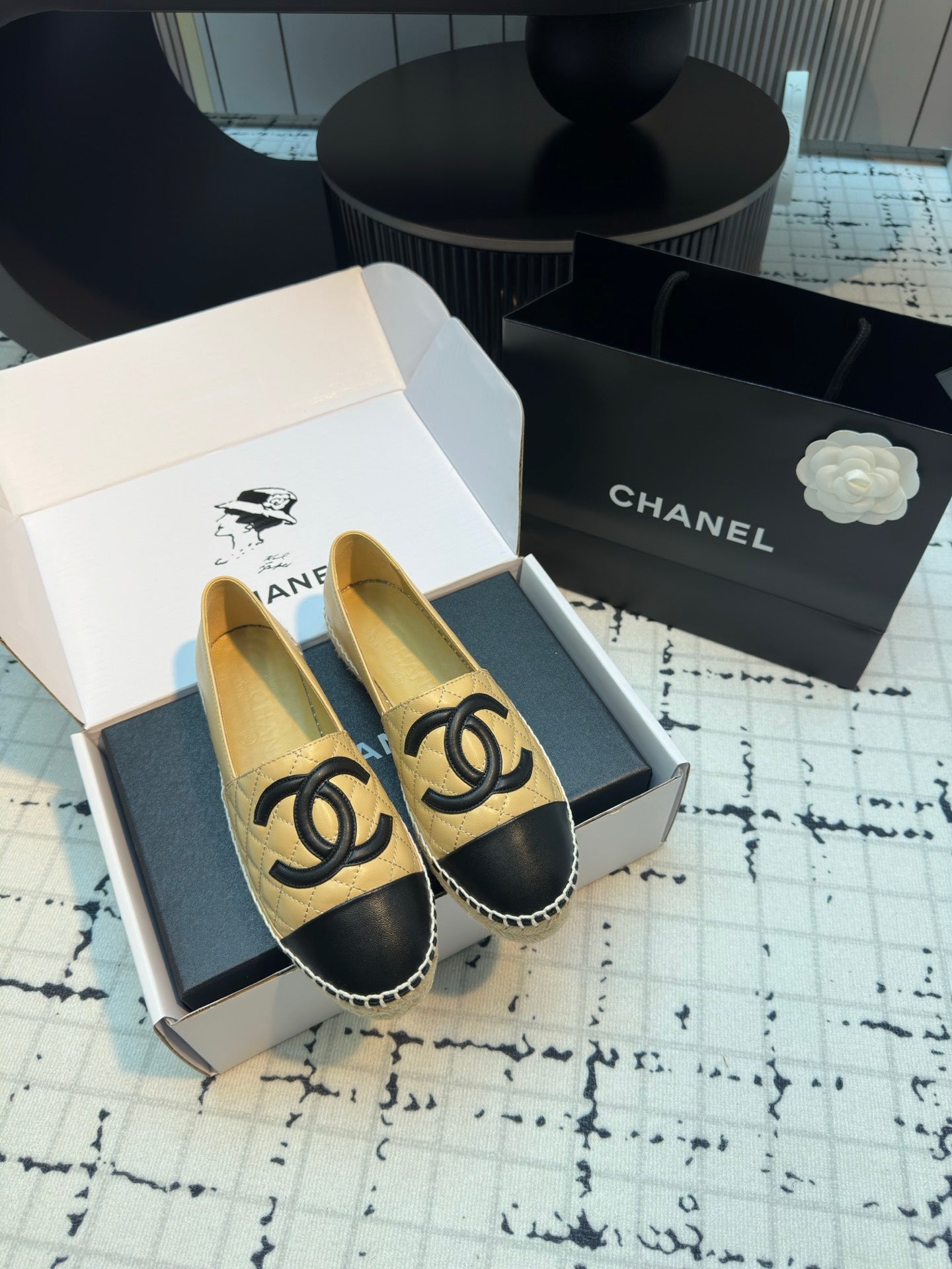 CHANEL ESPADRILLES LOAFERS IN YELLOW MIX BLACK LAMBSKIN