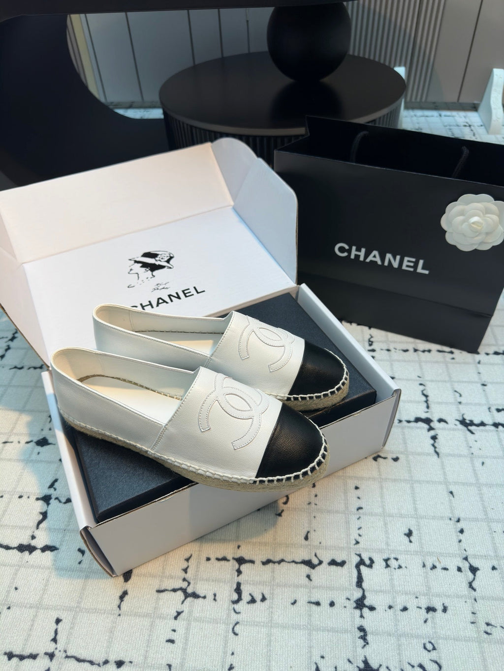 CHANEL ESPADRILLES LOAFERS IN BLACK MIX WHITE LAMBSKIN