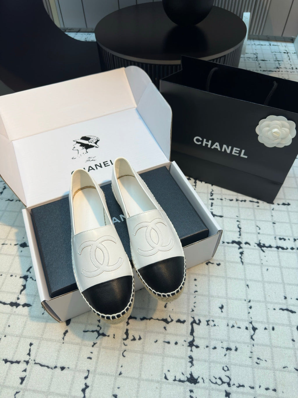 CHANEL ESPADRILLES LOAFERS IN BLACK MIX WHITE LAMBSKIN