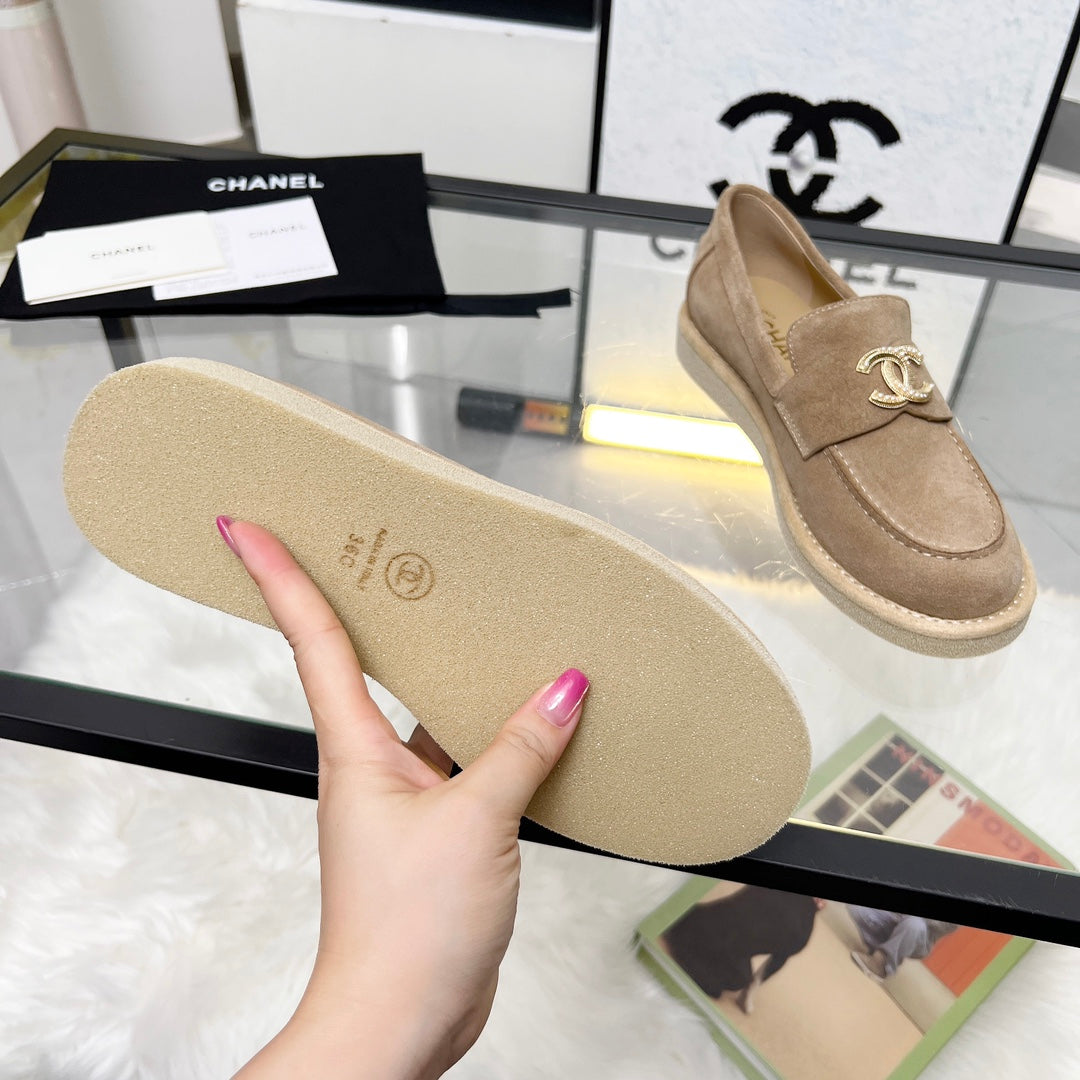 CHANEL PEARL LOGO LOAFERS IN CINNAMON BROWN SUEDE