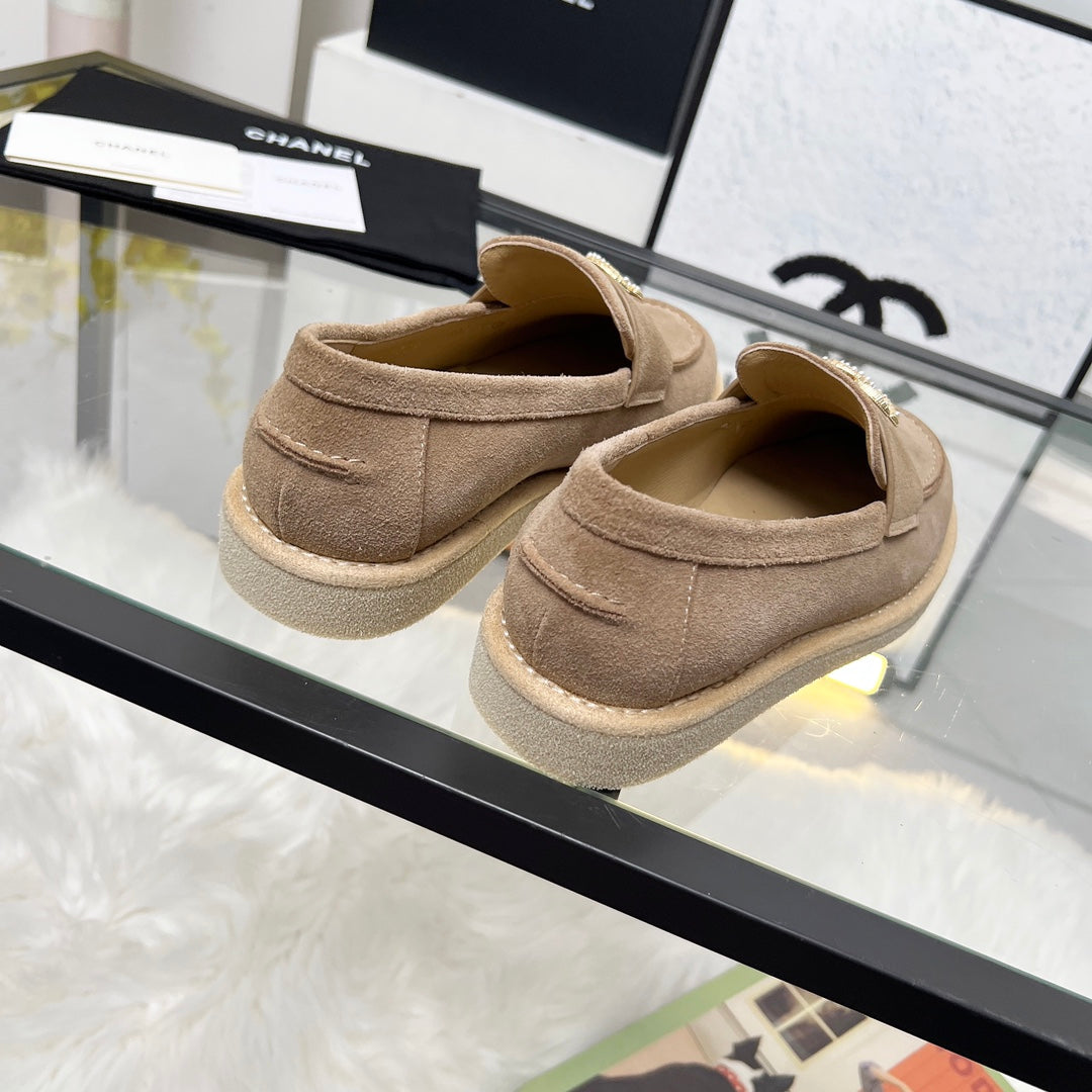 CHANEL PEARL LOGO LOAFERS IN CINNAMON BROWN SUEDE