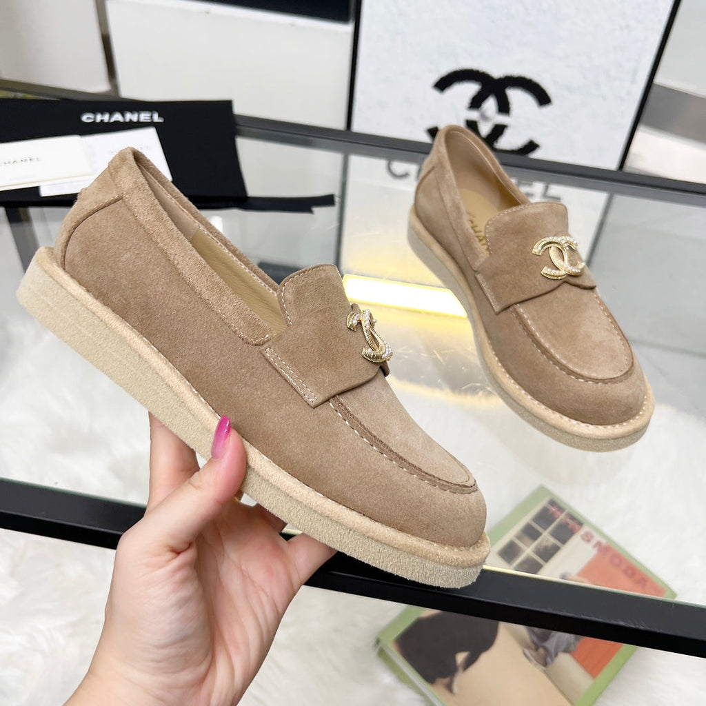 CHANEL PEARL LOGO LOAFERS IN CINNAMON BROWN SUEDE