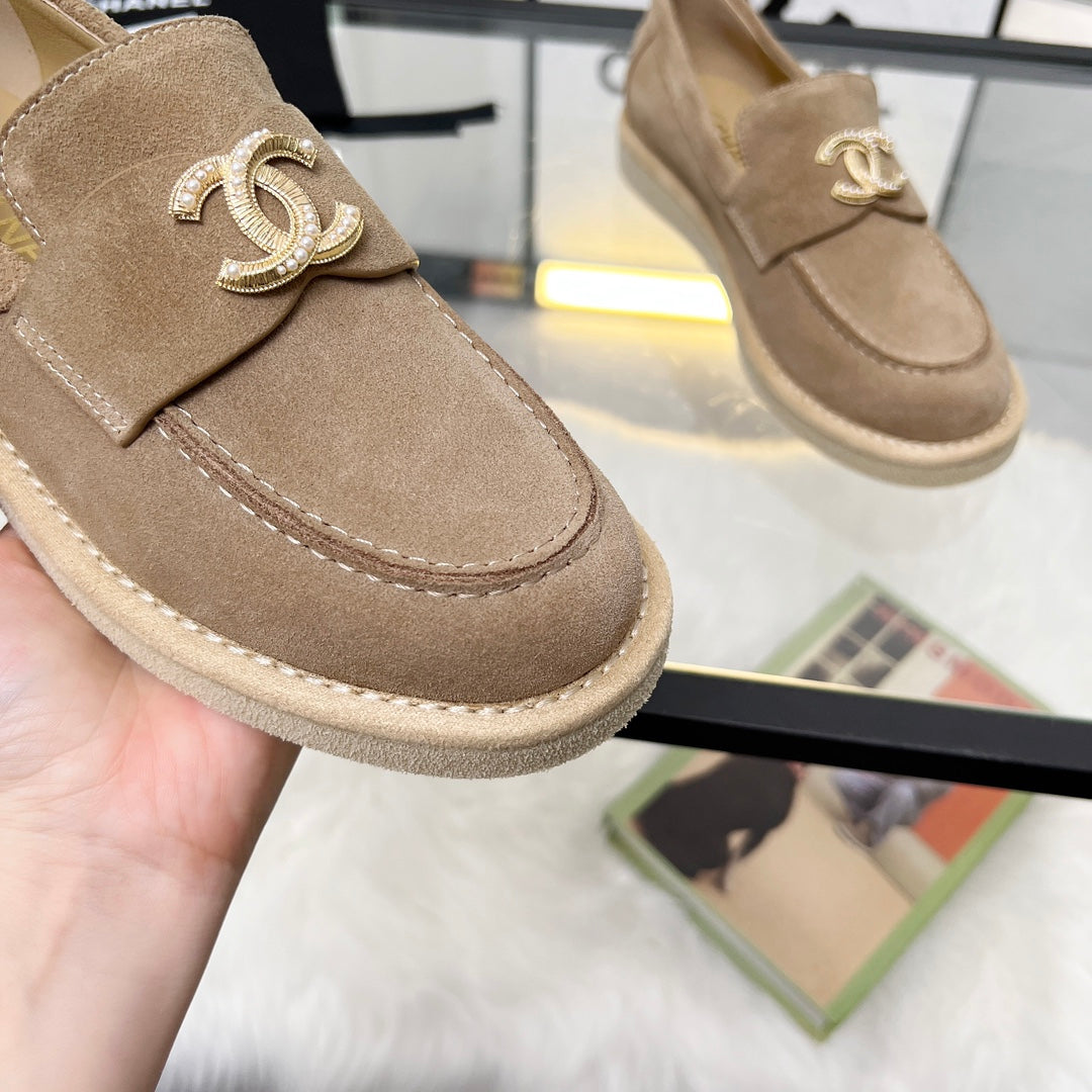 CHANEL PEARL LOGO LOAFERS IN CINNAMON BROWN SUEDE