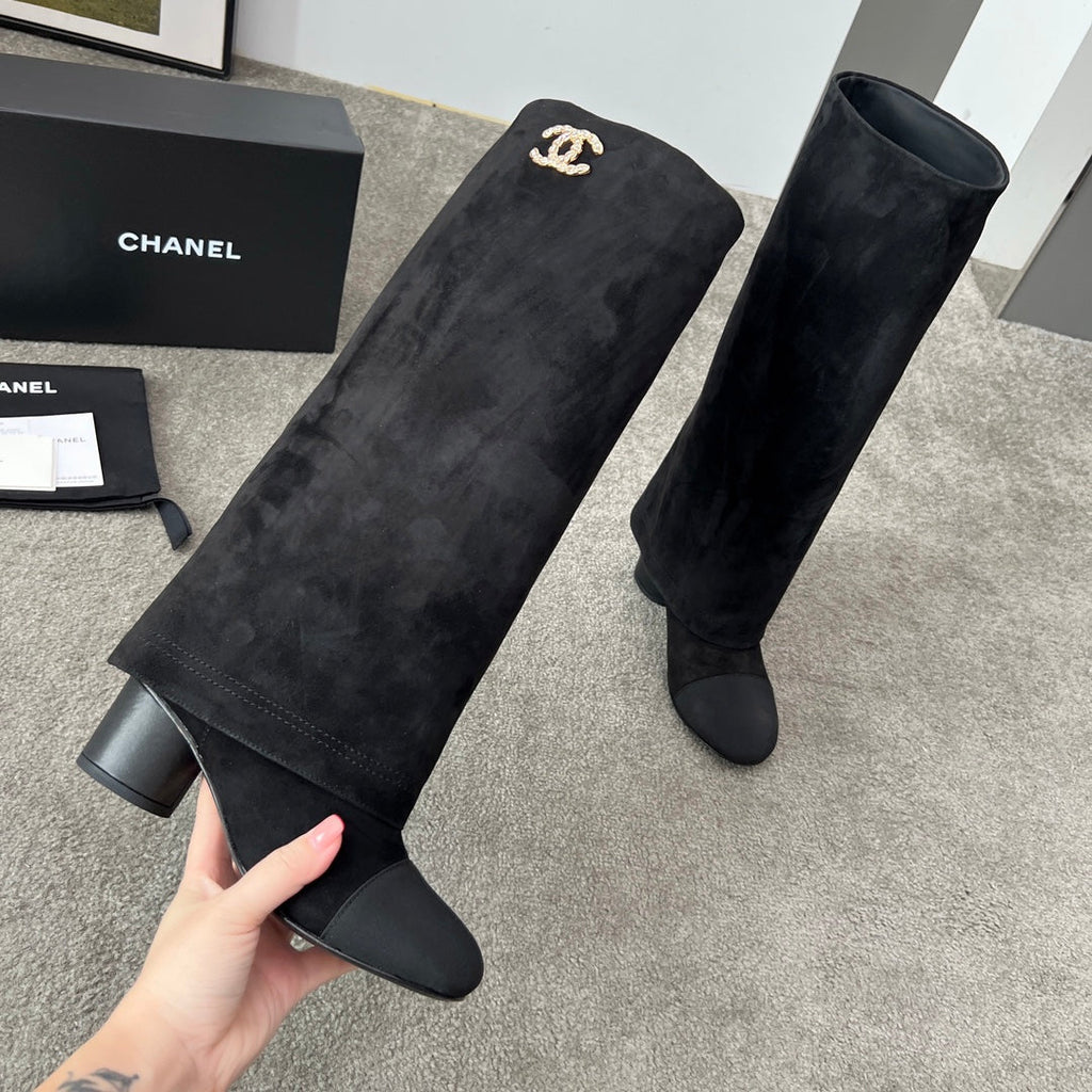 CHANEL 25S HIGH BOOTS 55MM IN BLACK SUEDE AND CANVAS GOLD HARDWARE