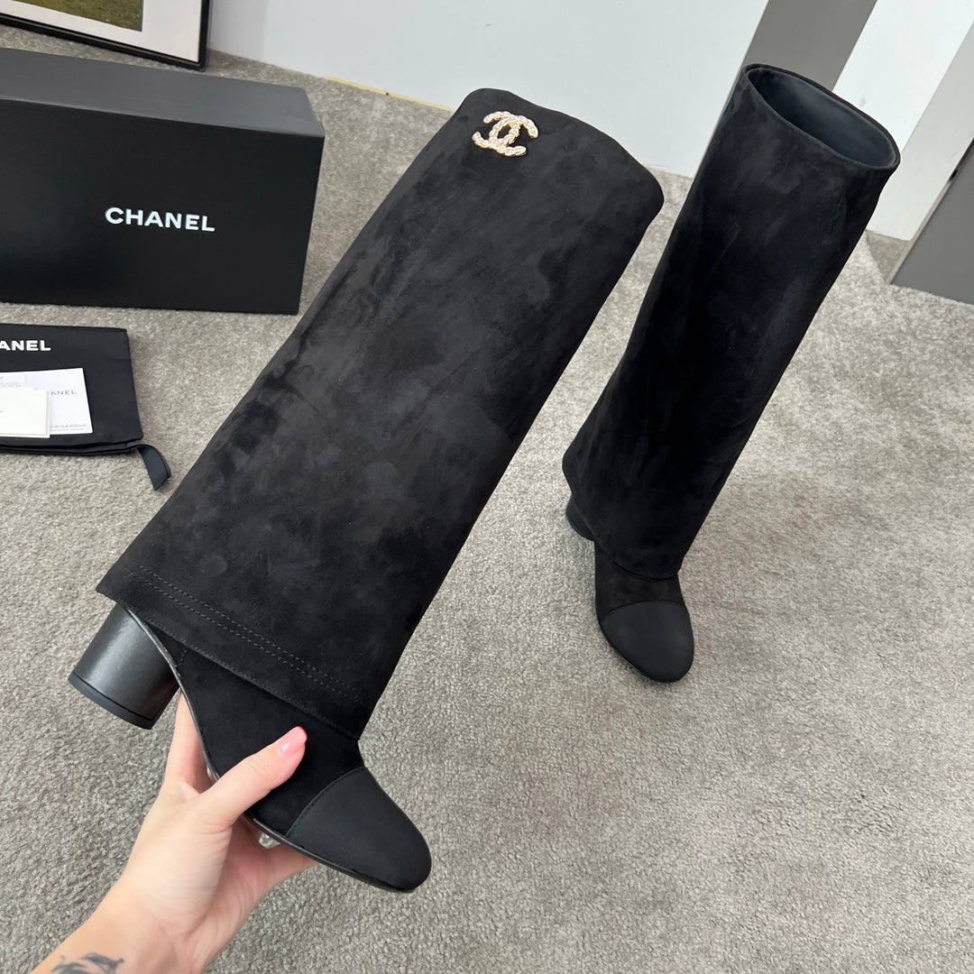 CHANEL 25S HIGH BOOTS 55MM IN BLACK SUEDE AND CANVAS GOLD HARDWARE
