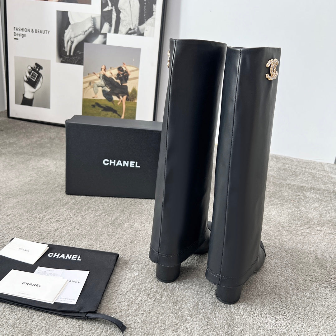 CHANEL 25S HIGH BOOTS 55MM IN BLACK CALFSKIN AND CANVAS GOLD HARDWARE