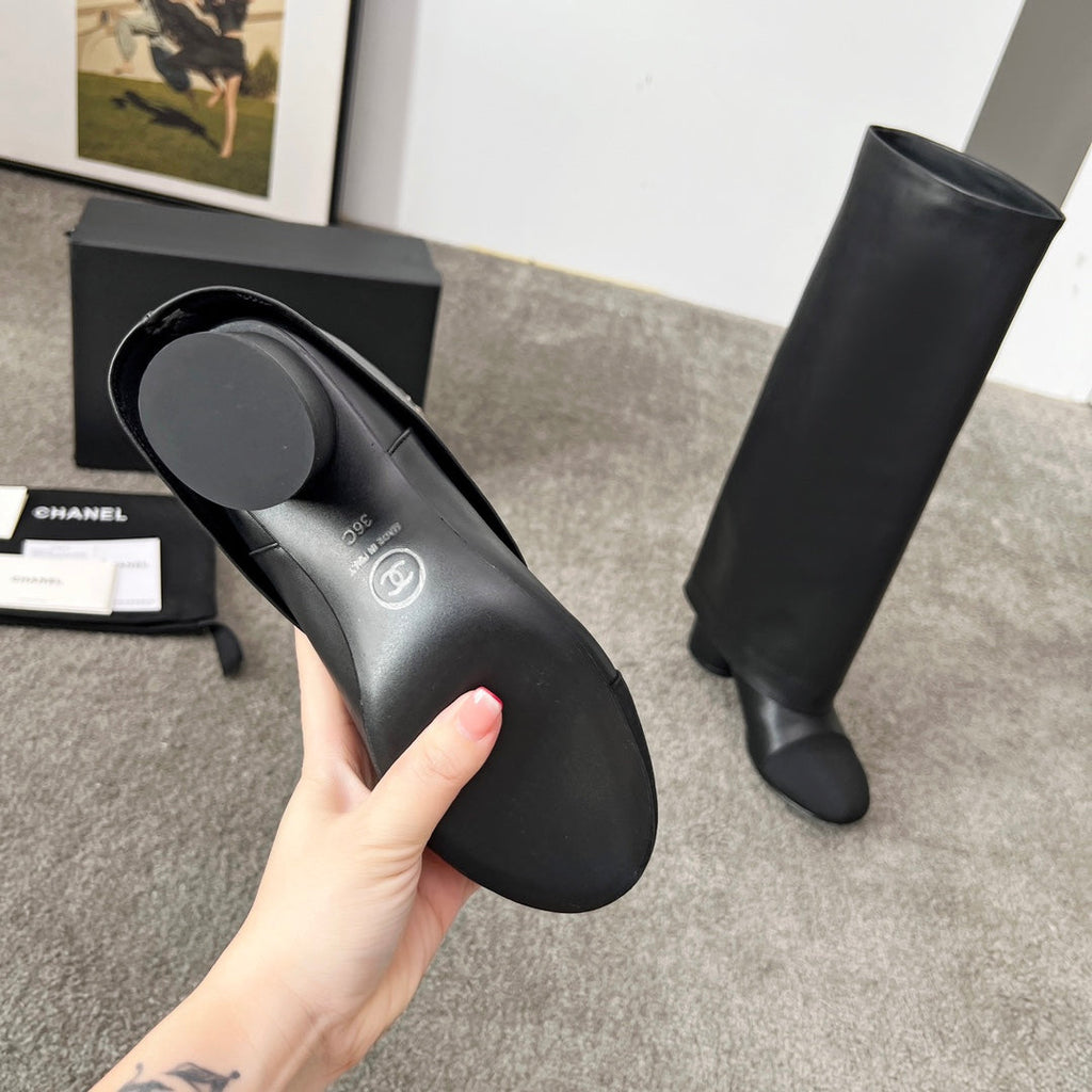 CHANEL 25S HIGH BOOTS 55MM IN BLACK CALFSKIN AND CANVAS GOLD HARDWARE