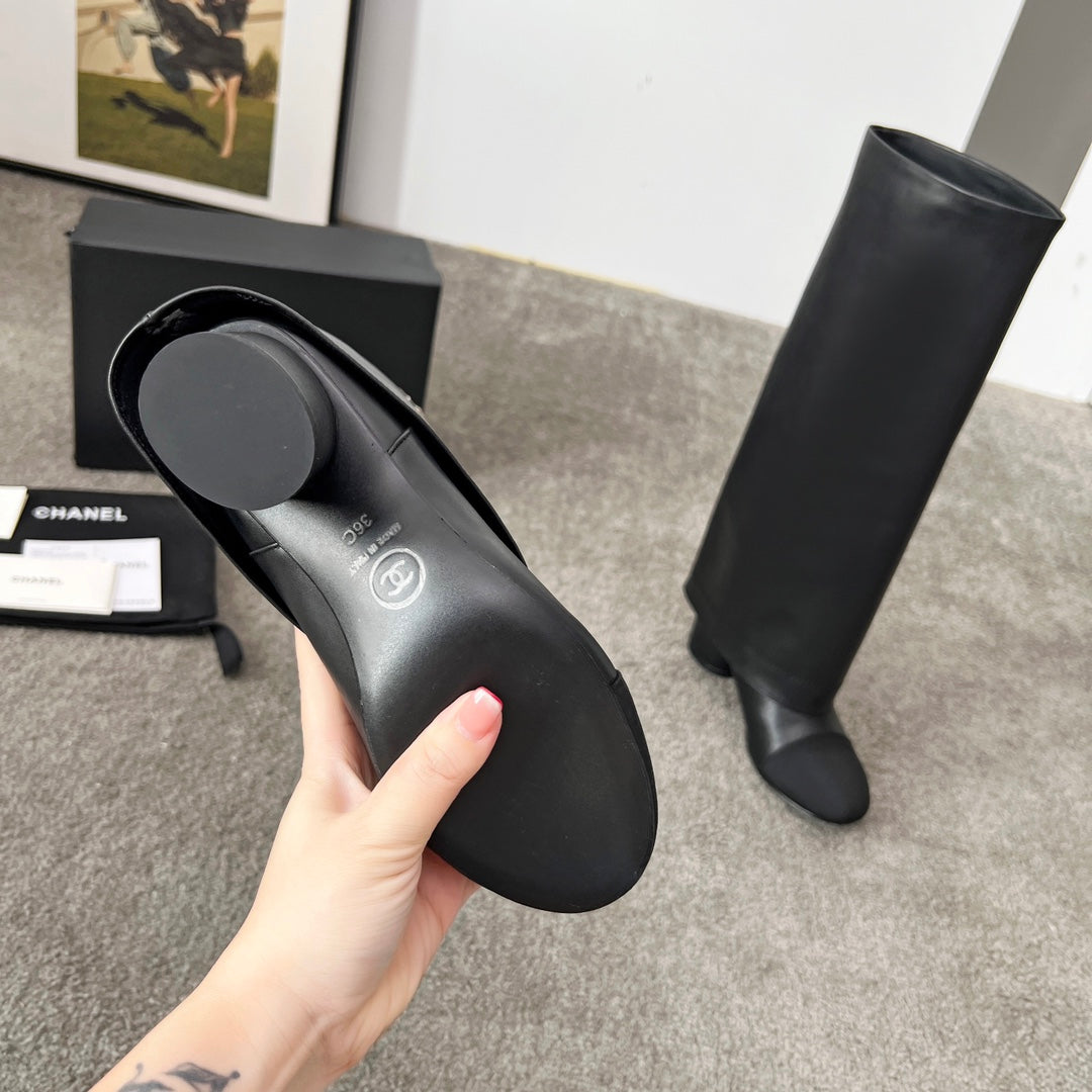 CHANEL 25S HIGH BOOTS 55MM IN BLACK CALFSKIN AND CANVAS GOLD HARDWARE