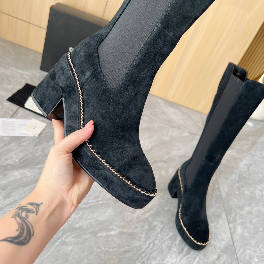 CHANEL 25S HIGH BOOTS STRETCHY SHAFT 85MM IN BLACK SUEDE GOLD HARDWARE