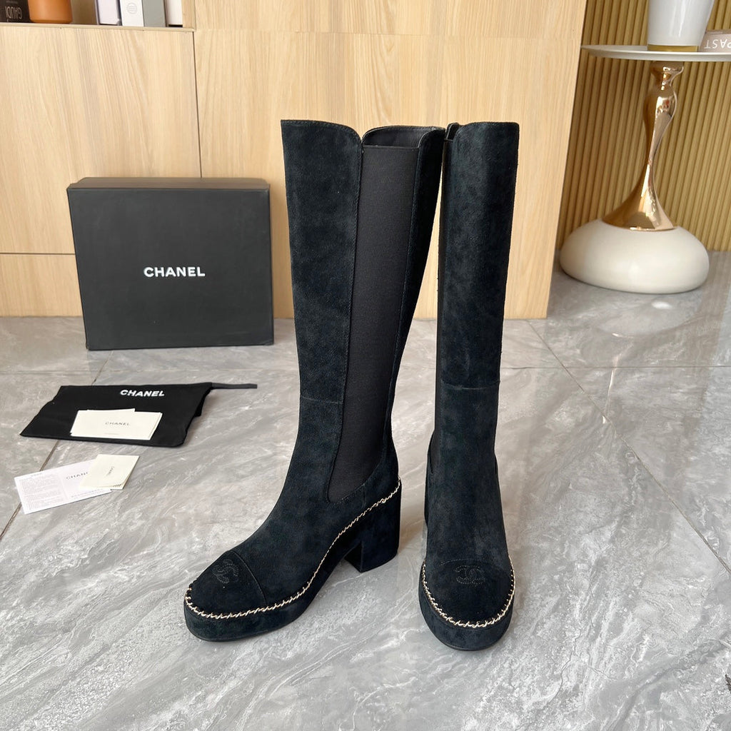 CHANEL 25S HIGH BOOTS STRETCHY SHAFT 85MM IN BLACK SUEDE GOLD HARDWARE