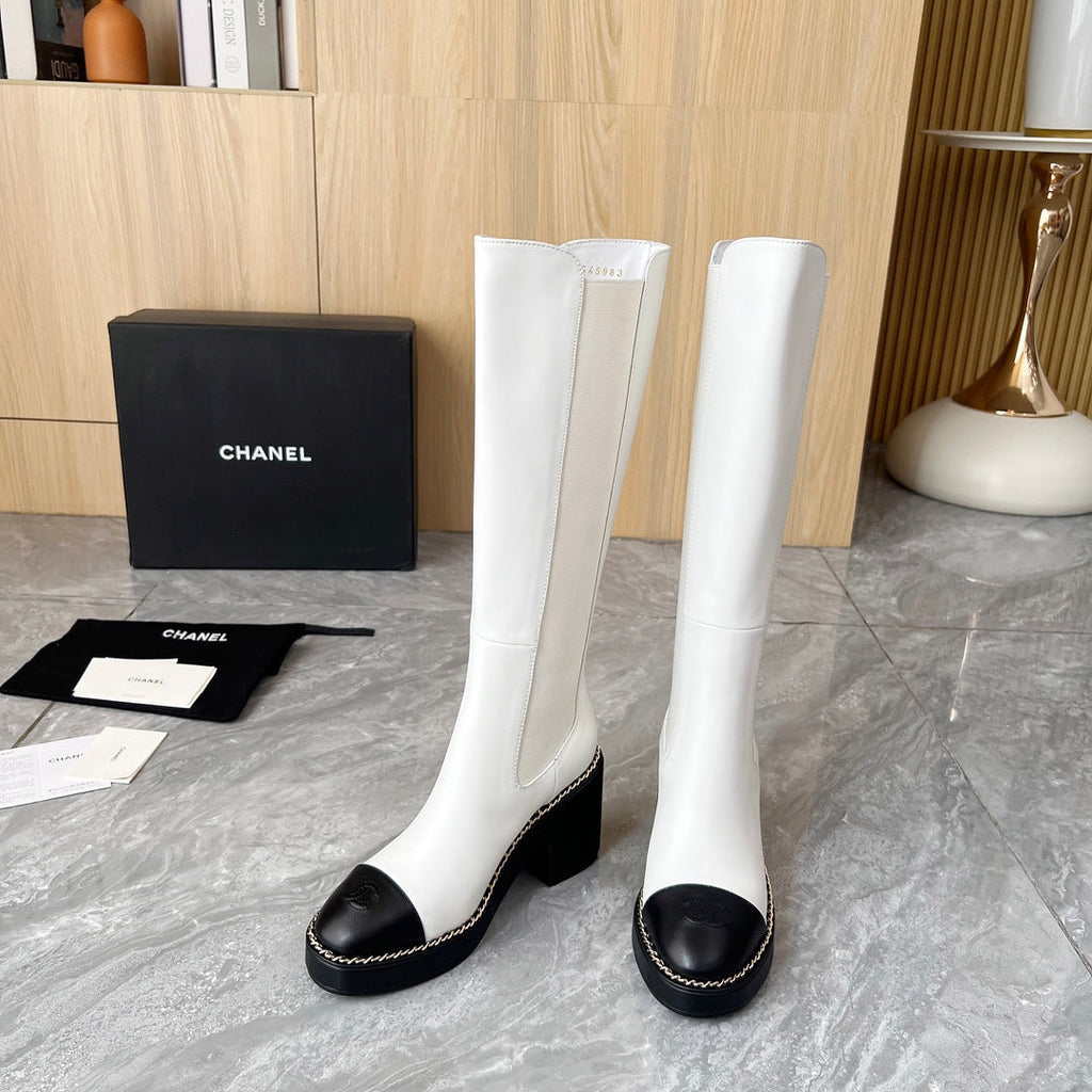 CHANEL 25S HIGH BOOTS STRETCHY SHAFT 85MM IN WHITE MIX BLACK CALFSKIN GOLD HARDWARE