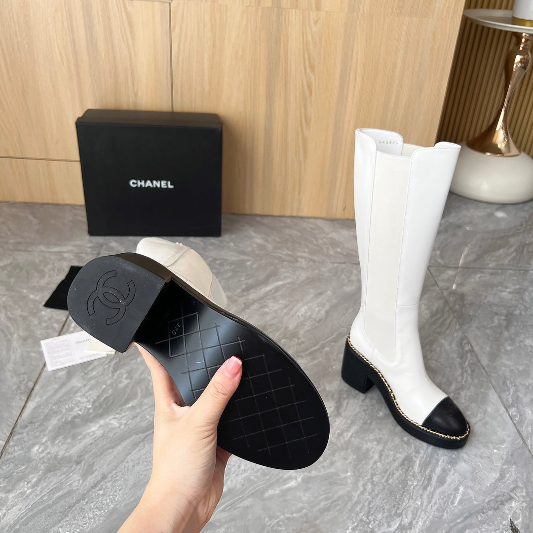 CHANEL 25S HIGH BOOTS STRETCHY SHAFT 85MM IN WHITE MIX BLACK CALFSKIN GOLD HARDWARE