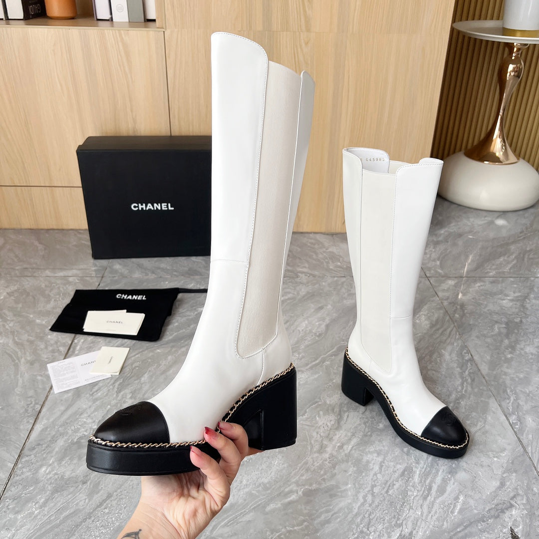 CHANEL 25S HIGH BOOTS STRETCHY SHAFT 85MM IN WHITE MIX BLACK CALFSKIN GOLD HARDWARE
