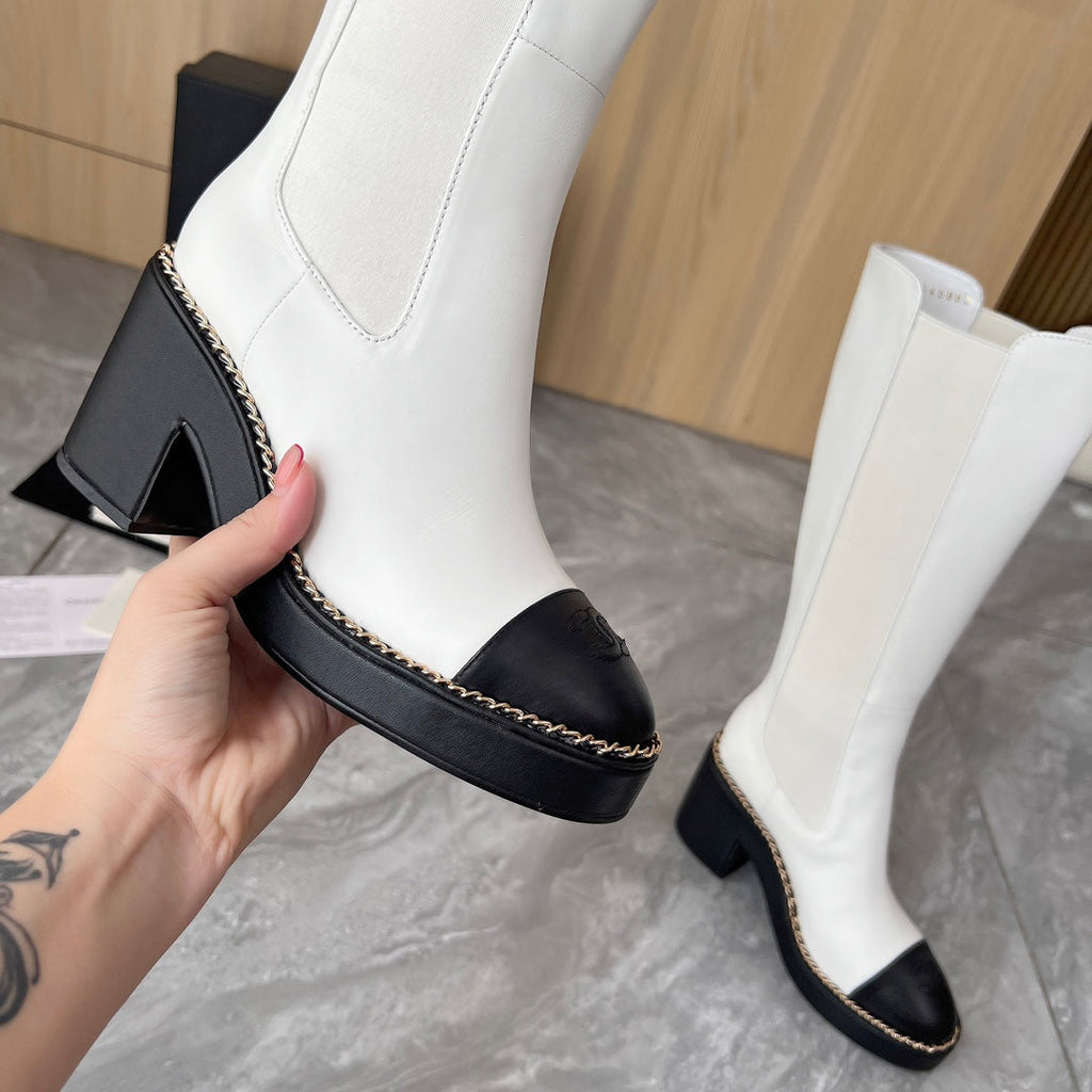 CHANEL 25S HIGH BOOTS STRETCHY SHAFT 85MM IN WHITE MIX BLACK CALFSKIN GOLD HARDWARE