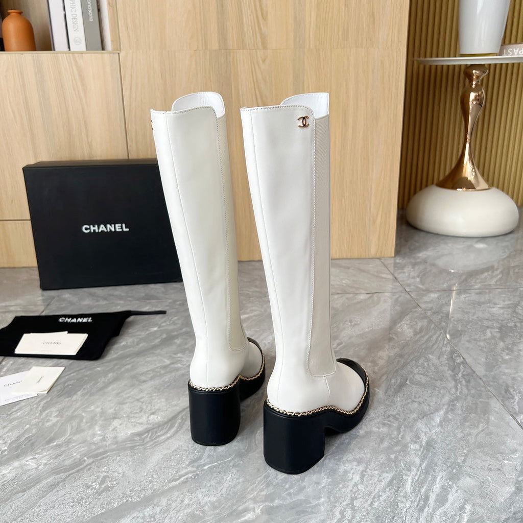 CHANEL 25S HIGH BOOTS STRETCHY SHAFT 85MM IN WHITE MIX BLACK CALFSKIN GOLD HARDWARE