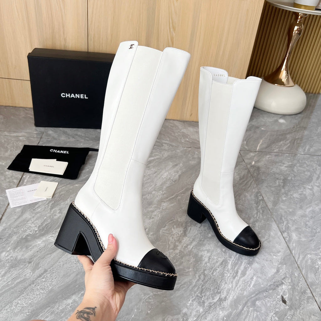 CHANEL 25S HIGH BOOTS STRETCHY SHAFT 85MM IN WHITE MIX BLACK CALFSKIN GOLD HARDWARE