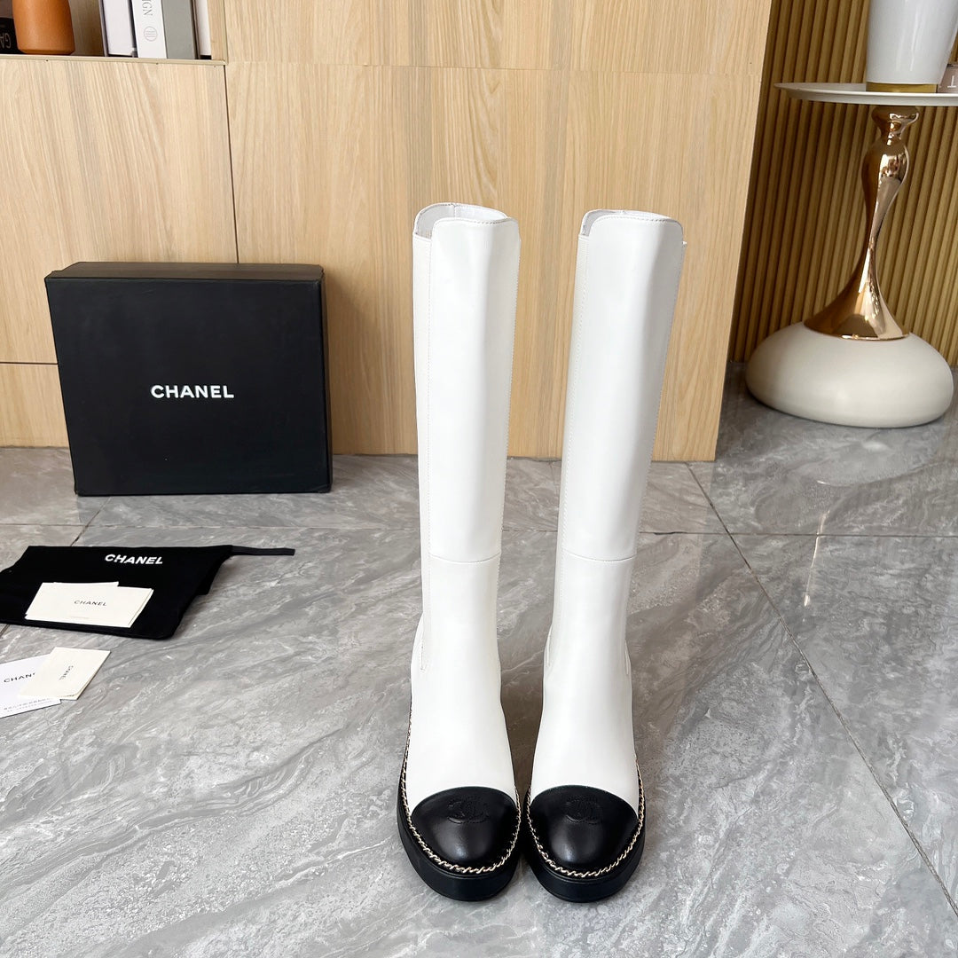CHANEL 25S HIGH BOOTS STRETCHY SHAFT 85MM IN WHITE MIX BLACK CALFSKIN GOLD HARDWARE
