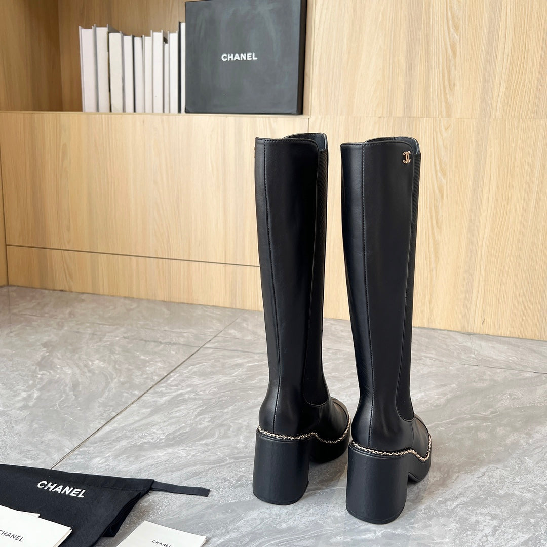 CHANEL 25S HIGH BOOTS STRETCHY SHAFT 85MM IN BLACK CALFSKIN GOLD HARDWARE