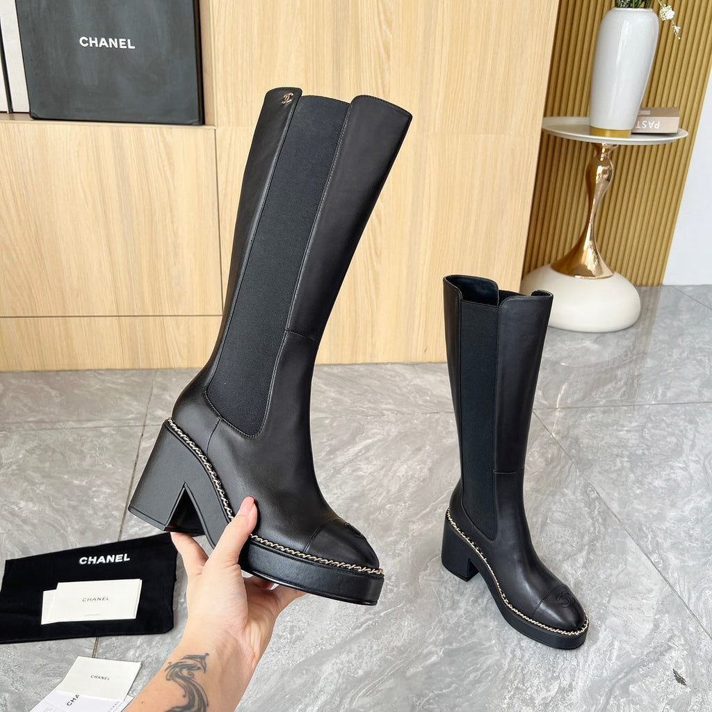 CHANEL 25S HIGH BOOTS STRETCHY SHAFT 85MM IN BLACK CALFSKIN GOLD HARDWARE