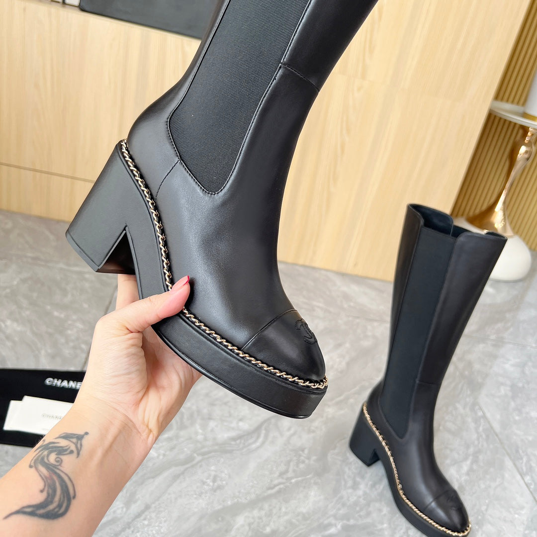 CHANEL 25S HIGH BOOTS STRETCHY SHAFT 85MM IN BLACK CALFSKIN GOLD HARDWARE