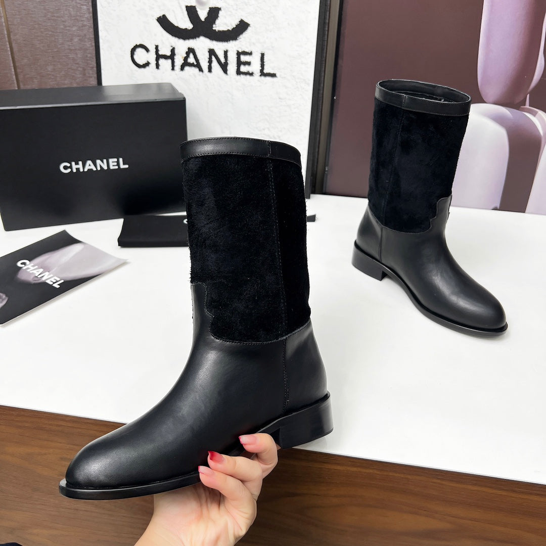 CHANEL 25S MID-CALF BOOTS 35MM IN BLACK CALFSKIN AND SUEDE GOLD HARDWARE