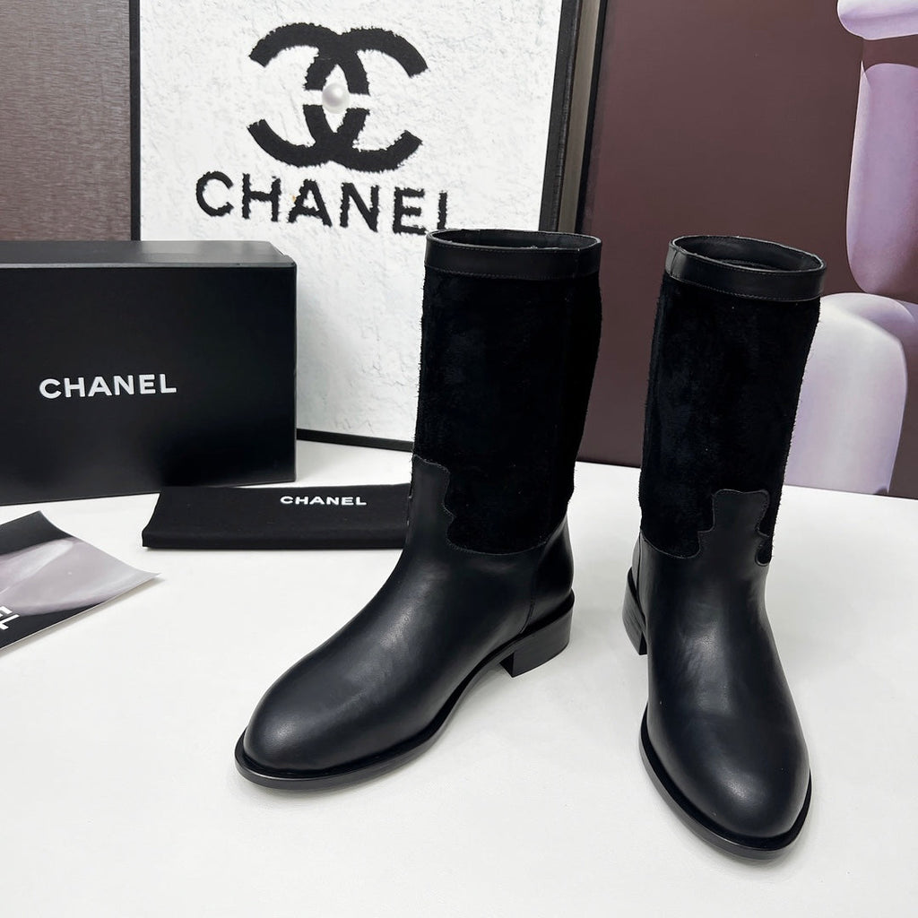 CHANEL 25S MID-CALF BOOTS 35MM IN BLACK CALFSKIN AND SUEDE GOLD HARDWARE