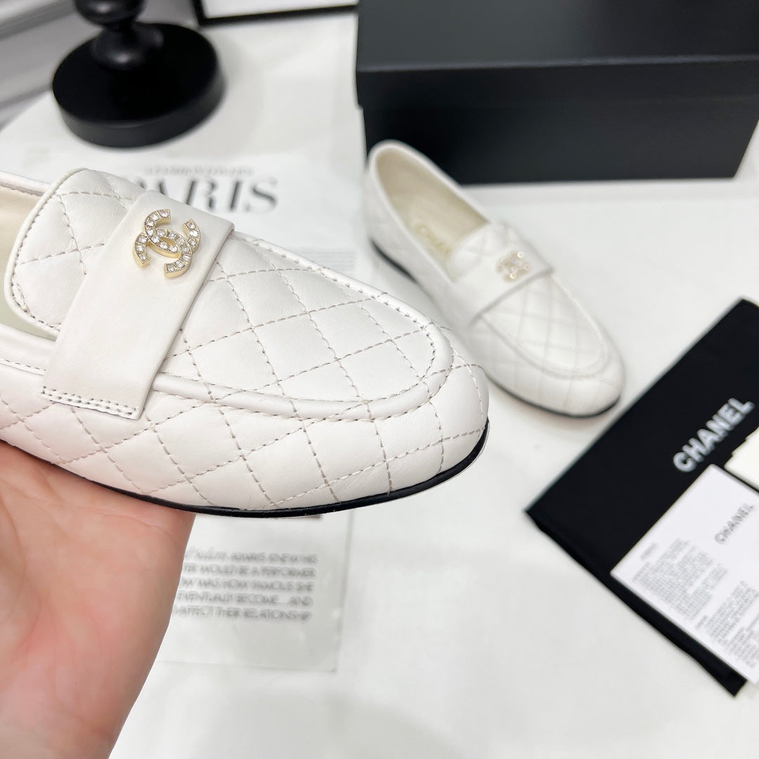 CHANEL 25S LOAFER DANCE SHOES IN WHITE CALFSKIN GOLD HARDWARE