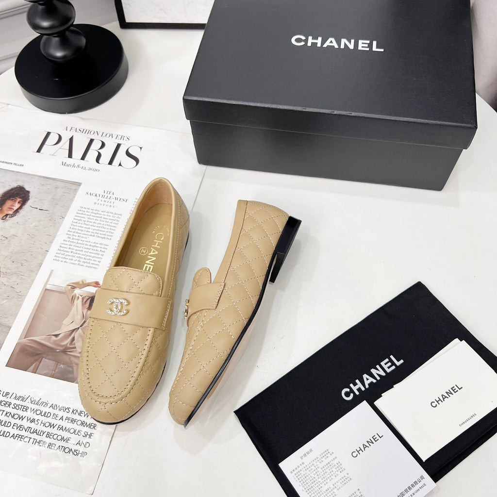 CHANEL 25S LOAFER DANCE SHOES IN BEIGE CALFSKIN GOLD HARDWARE