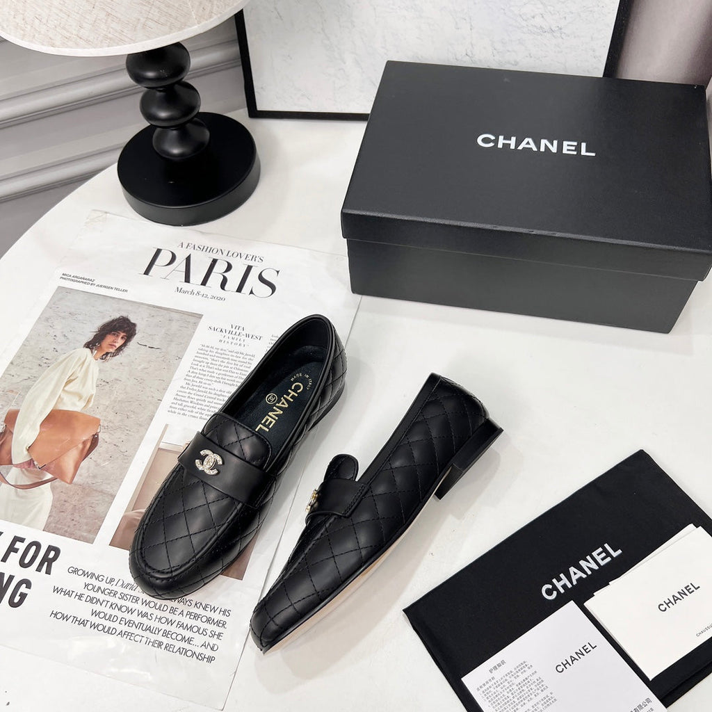 CHANEL 25S LOAFER DANCE SHOES IN BLACK CALFSKIN GOLD HARDWARE