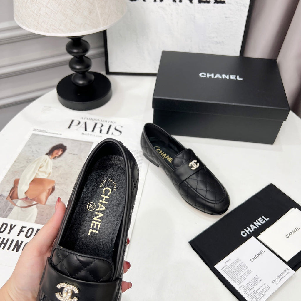 CHANEL 25S LOAFER DANCE SHOES IN BLACK CALFSKIN GOLD HARDWARE