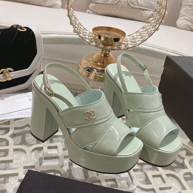 CHANEL sandals light turquoise patent crumpled lambskin