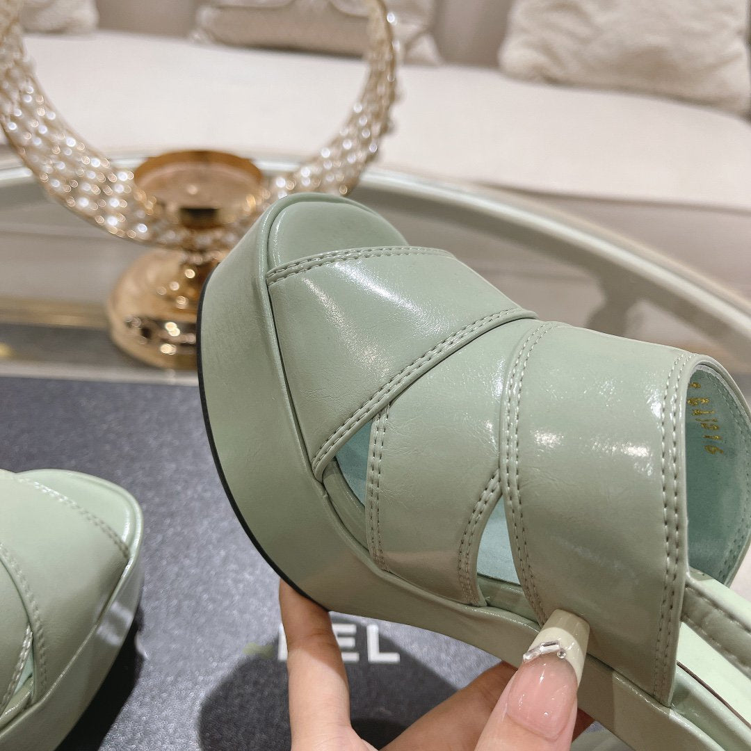 CHANEL sandals light turquoise patent crumpled lambskin