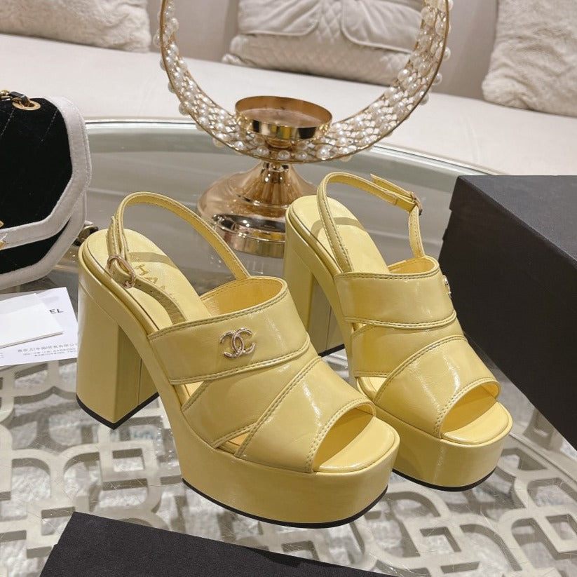 CHANEL sandals yellow patent crumpled lambskin